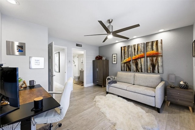 5125 Turnberry Ln, Las Vegas, NV 89113 - office area with ceiling fan, light wood-style floors, recessed lighting, and baseboards