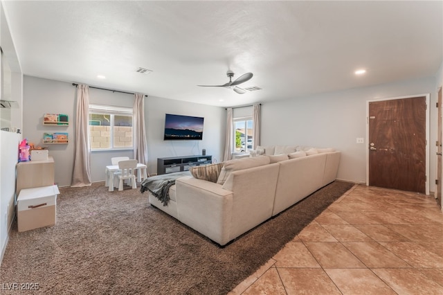 508 Purcell Dr, Las Vegas, NV 89107 - living area with a ceiling fan, plenty of natural light, recessed lighting, and light tile patterned floors