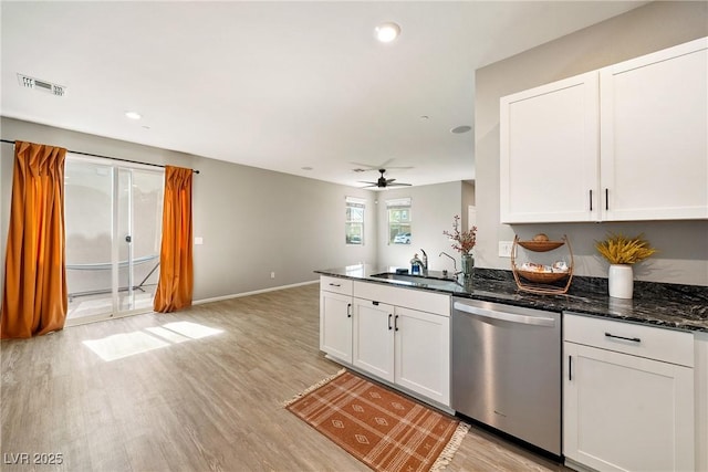 1023 Brilliant Meadow Ave, North Las Vegas, NV 89086 - kitchen featuring stainless steel dishwasher, a sink, white cabinetry, light wood finished floors, and recessed lighting