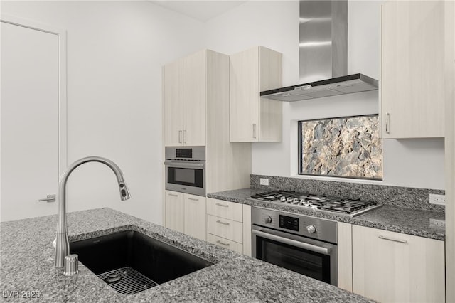 350 Solitude Peak Ln, Henderson, NV 89012 - kitchen with wall chimney range hood, stainless steel appliances, a sink, and light stone countertops