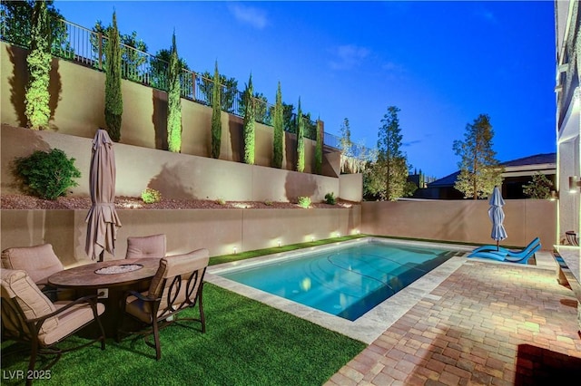 view of swimming pool featuring a fenced backyard and a patio area