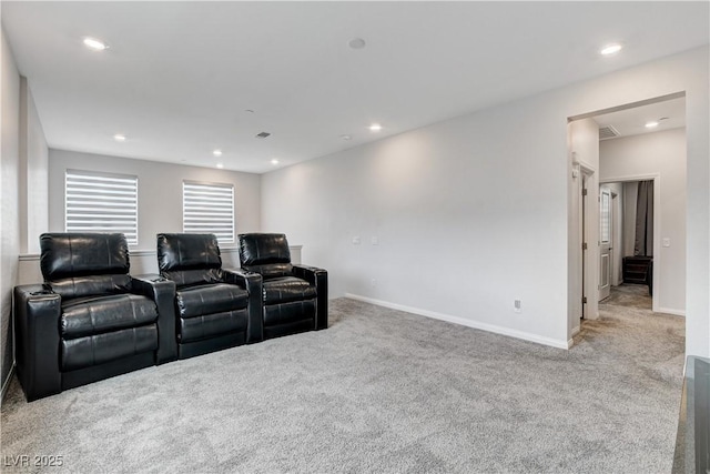 cinema with carpet floors, baseboards, and recessed lighting