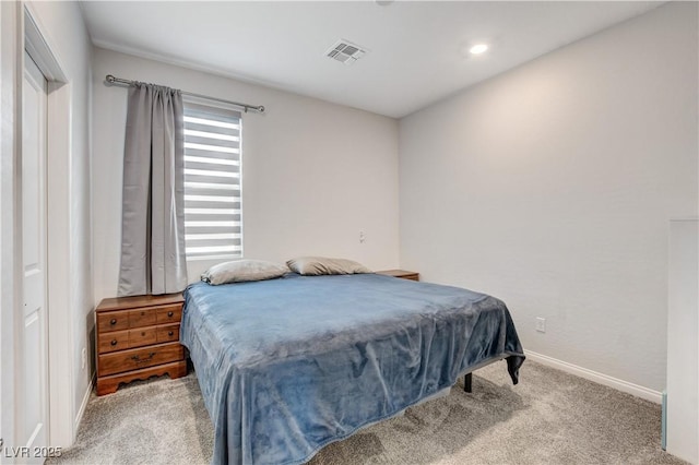 bedroom featuring carpet, baseboards, and recessed lighting