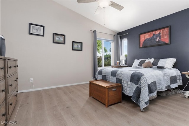 7904 Seabourn Ct, Las Vegas, NV 89129 - bedroom with light wood-style flooring, lofted ceiling, baseboards, and a ceiling fan