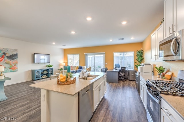 6521 Cinnamon Hazelnut St Lot 91, North Las Vegas, NV 89084 - kitchen with stainless steel appliances, a sink, open floor plan, dark wood-style flooring, and recessed lighting