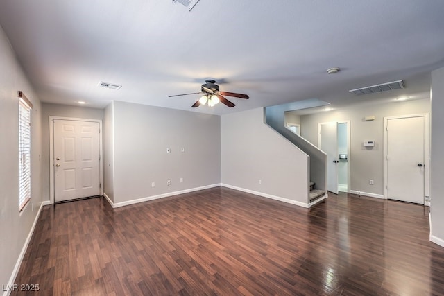11177 Deluna St, Las Vegas, NV 89141 - unfurnished living room with ceiling fan, stairway, baseboards, and wood finished floors