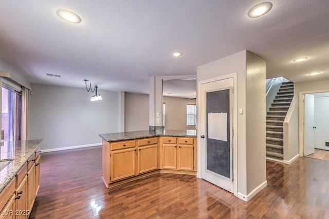 11177 Deluna St, Las Vegas, NV 89141 - kitchen with baseboards, dark wood-style flooring, stone countertops, and recessed lighting