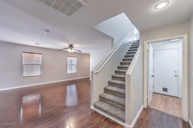 11177 Deluna St, Las Vegas, NV 89141 - stairway featuring wood finished floors, baseboards, and ceiling fan