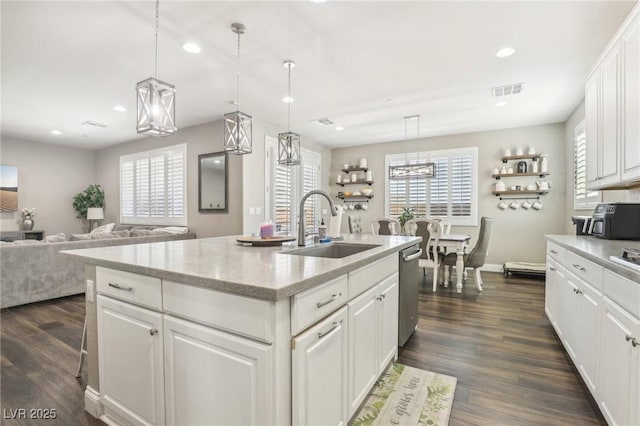 716 Cadence View Way, Henderson, NV 89011 - kitchen featuring a sink, stainless steel dishwasher, recessed lighting, dark wood finished floors, and white cabinetry