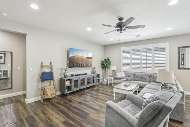 716 Cadence View Way, Henderson, NV 89011 - living room featuring wood finished floors, ceiling fan, recessed lighting, and baseboards
