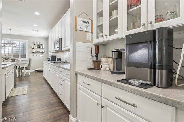 716 Cadence View Way, Henderson, NV 89011 - kitchen featuring white cabinetry, backsplash, dark wood finished floors, light countertops, and recessed lighting