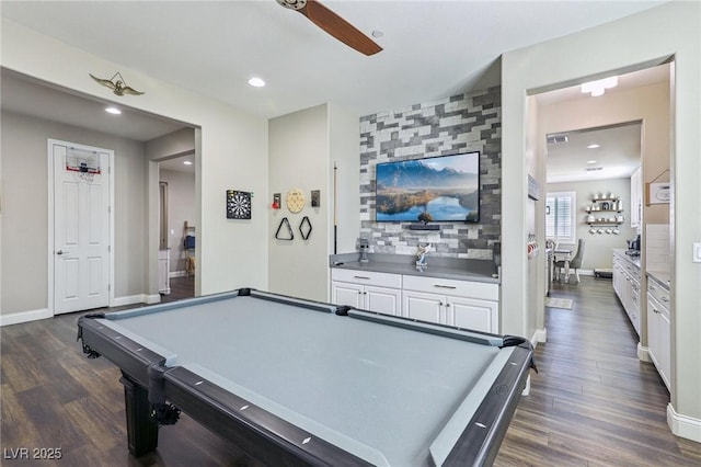 716 Cadence View Way, Henderson, NV 89011 - game room featuring baseboards, dark wood-style flooring, a ceiling fan, and recessed lighting