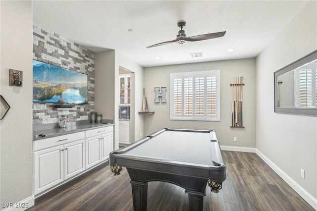 716 Cadence View Way, Henderson, NV 89011 - recreation room with dark wood-style floors, a ceiling fan, billiards, and baseboards