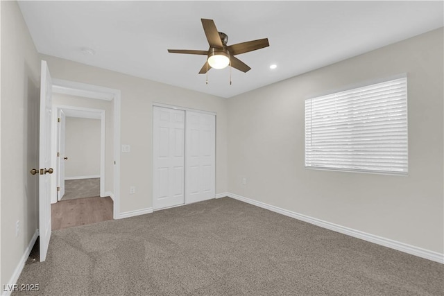 952 Balzar Ave, Las Vegas, NV 89106 - unfurnished bedroom featuring carpet, a closet, baseboards, a ceiling fan, and recessed lighting