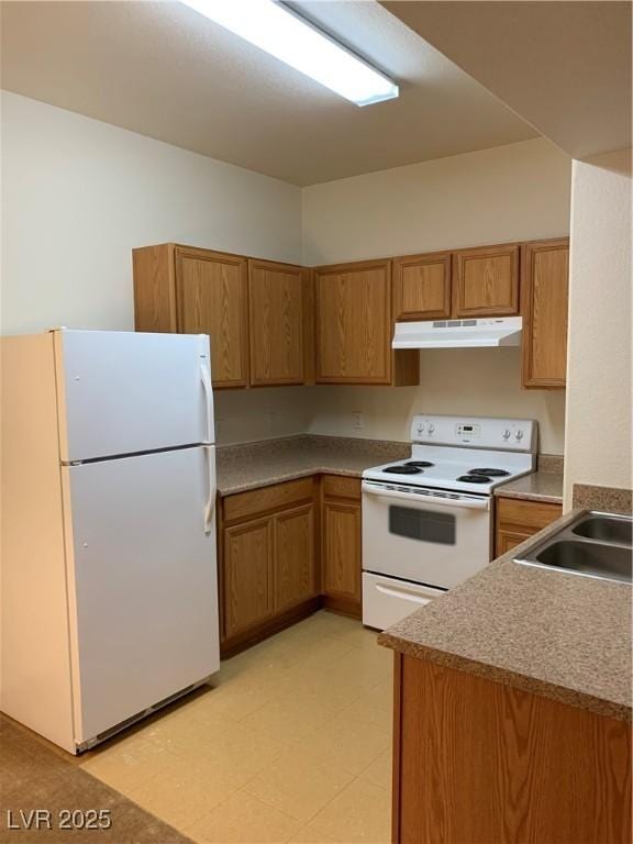 2121 Hussium Hills St Unit 107, Las Vegas, NV 89108 - kitchen featuring white appliances, under cabinet range hood, a sink, brown cabinetry, and light flooring