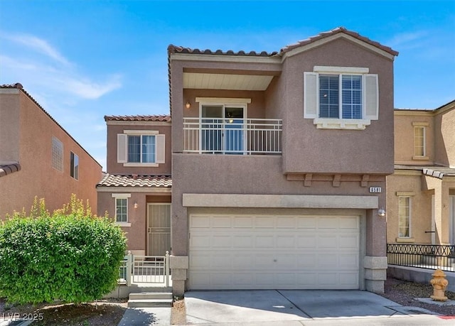 6581 Netherseal Ave, Las Vegas, NV 89139 - multi unit property featuring stucco siding, a tiled roof, concrete driveway, a garage, and a balcony
