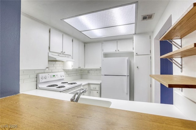 2349 Wooster Cir Unit A, Las Vegas, NV 89108 - kitchen featuring white appliances, under cabinet range hood, a sink, open shelves, and decorative backsplash