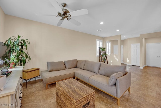 1104 Aspen Cliff Dr, Henderson, NV 89011 - living room featuring recessed lighting, a ceiling fan, and baseboards