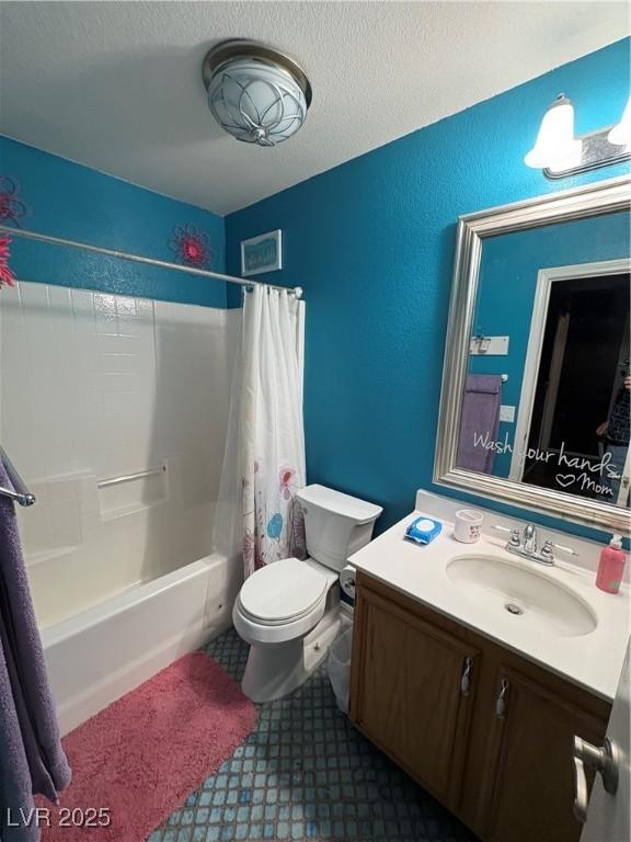 8237 Cline Mountain St, Las Vegas, NV 89131 - full bath featuring toilet, a textured ceiling, vanity, and shower / tub combo