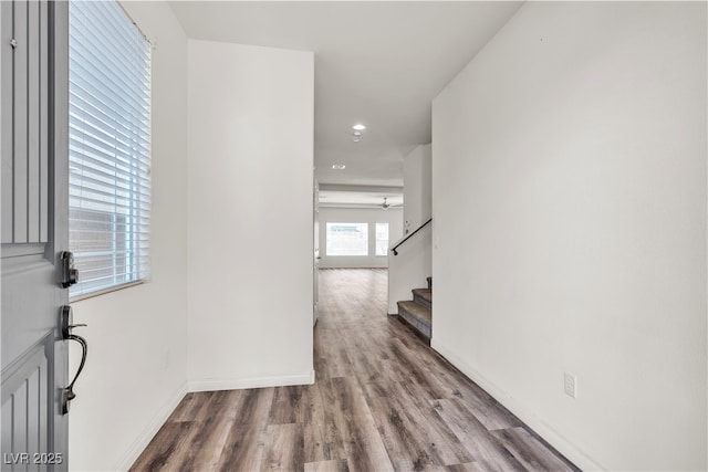 5661 Brimstone Hill Ave, Las Vegas, NV 89141 - foyer featuring wood finished floors, stairway, recessed lighting, and baseboards