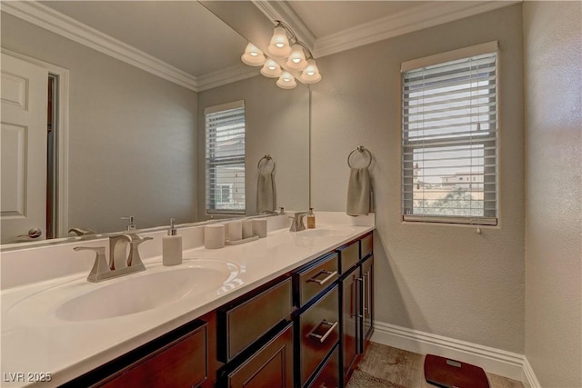 5635 Mesa Mountain Dr, Las Vegas, NV 89135 - full bathroom featuring double vanity, baseboards, crown molding, and wood finished floors