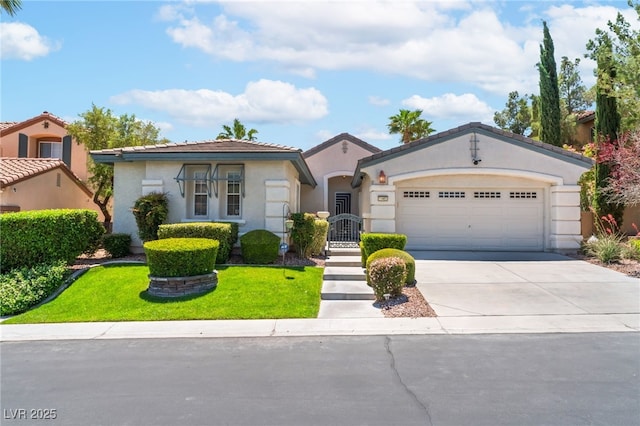 11405 Perugino Dr, Las Vegas, NV 89138 - mediterranean / spanish-style home featuring driveway, an attached garage, a front yard, stucco siding, and a tiled roof