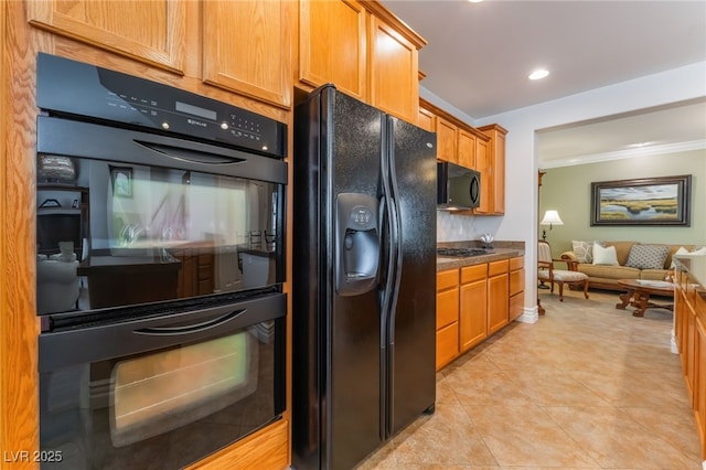 11405 Perugino Dr, Las Vegas, NV 89138 - kitchen featuring black appliances, ornamental molding, light tile patterned floors, brown cabinets, and dark countertops