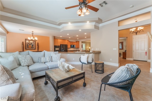11405 Perugino Dr, Las Vegas, NV 89138 - living room with a chandelier, a tray ceiling, ceiling fan, recessed lighting, and ornamental molding