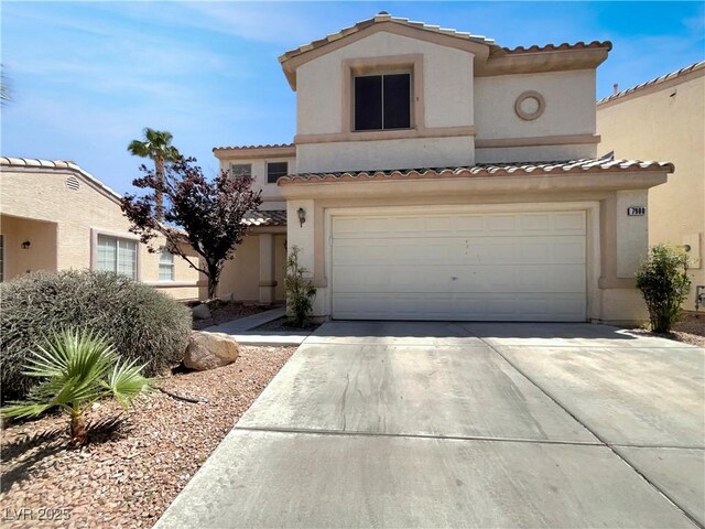 7900 Wood Shadow Ct, Las Vegas, NV 89131 - mediterranean / spanish house with a garage, a tiled roof, concrete driveway, and stucco siding