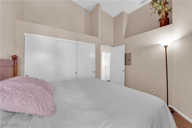 5000 Red Rock St Unit 259, Las Vegas, NV 89118 - bedroom featuring high vaulted ceiling, wood finished floors, and a closet