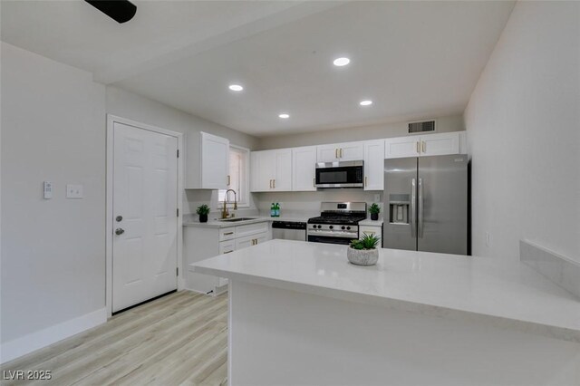 1825 Howard Ave, Las Vegas, NV 89104 - kitchen with appliances with stainless steel finishes, a sink, light wood-type flooring, white cabinetry, and a peninsula