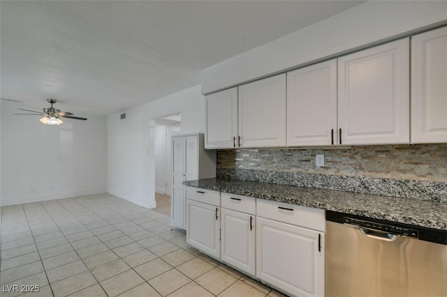 1806 Renada Cir, North Las Vegas, NV 89030 - kitchen with dishwasher, tasteful backsplash, ceiling fan, and white cabinetry