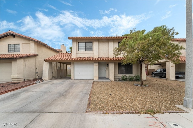 2507 Albemarle Way, Henderson, NV 89014 - mediterranean / spanish house featuring driveway, stucco siding, a tiled roof, and an attached garage