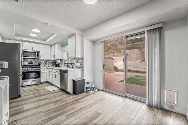 2507 Albemarle Way, Henderson, NV 89014 - kitchen featuring appliances with stainless steel finishes, light countertops, light wood finished floors, white cabinets, and a tray ceiling