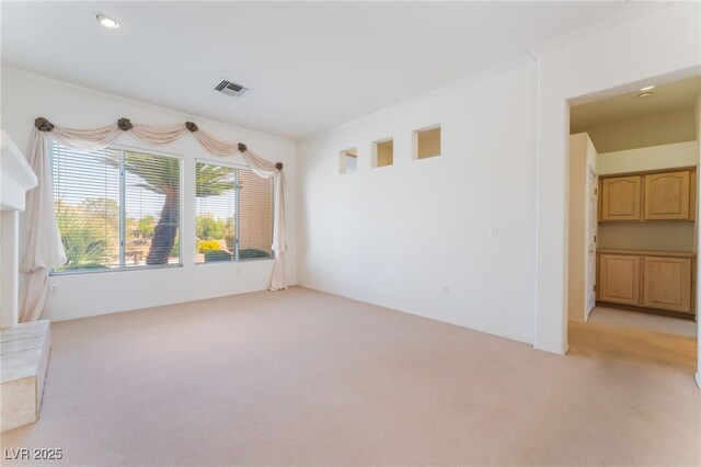 9812 Folsom Dr, Las Vegas, NV 89134 - unfurnished living room featuring light colored carpet and crown molding