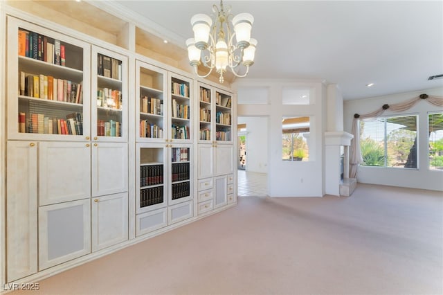 9812 Folsom Dr, Las Vegas, NV 89134 - unfurnished living room featuring a chandelier, light carpet, and crown molding