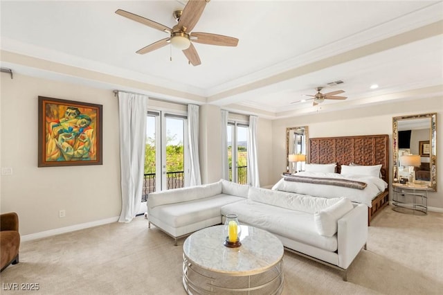 10301 Orkiney Dr, Las Vegas, NV 89144 - bedroom featuring access to exterior, a tray ceiling, light carpet, ornamental molding, and baseboards