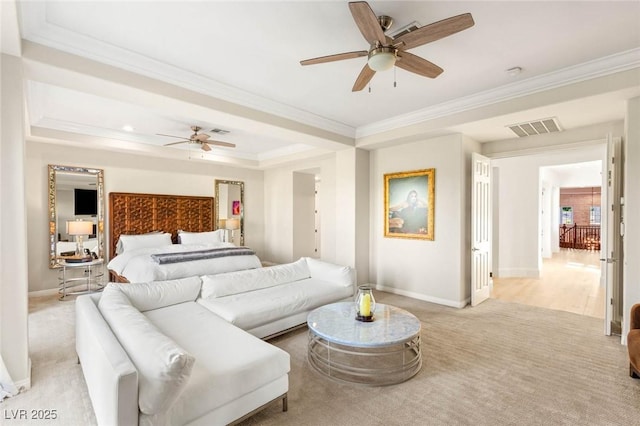 10301 Orkiney Dr, Las Vegas, NV 89144 - bedroom with ornamental molding, baseboards, light colored carpet, a tray ceiling, and ceiling fan