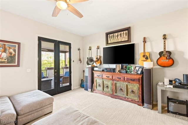 10301 Orkiney Dr, Las Vegas, NV 89144 - carpeted living area with french doors, a ceiling fan, and baseboards