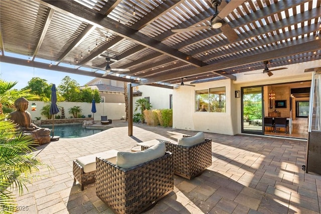 10301 Orkiney Dr, Las Vegas, NV 89144 - fenced backyard featuring a ceiling fan, a pergola, and a patio