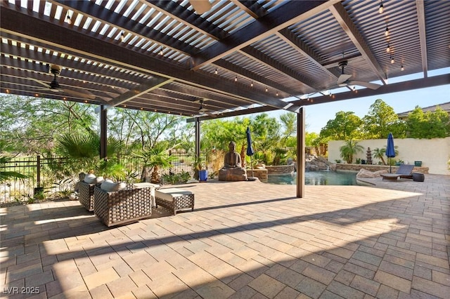 10301 Orkiney Dr, Las Vegas, NV 89144 - fenced backyard featuring a ceiling fan, an outdoor pool, a patio, and a pergola