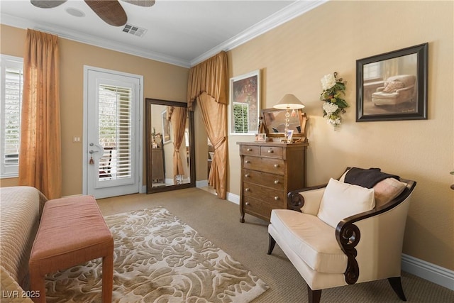 7206 Laramie Ave, Las Vegas, NV 89113 - sitting room with carpet flooring, crown molding, baseboards, and ceiling fan