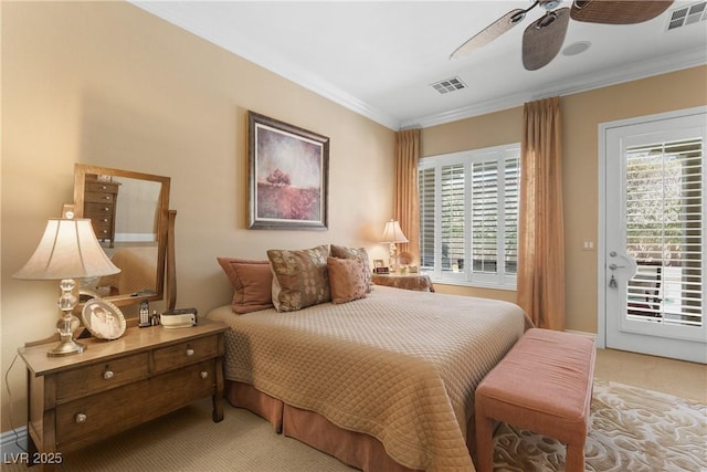 7206 Laramie Ave, Las Vegas, NV 89113 - carpeted bedroom with access to exterior, crown molding, and a ceiling fan