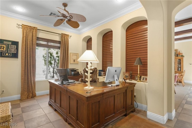 7206 Laramie Ave, Las Vegas, NV 89113 - office featuring ceiling fan, light tile patterned flooring, crown molding, baseboards, and arched walkways