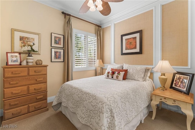 7206 Laramie Ave, Las Vegas, NV 89113 - bedroom featuring carpet, ornamental molding, and a ceiling fan