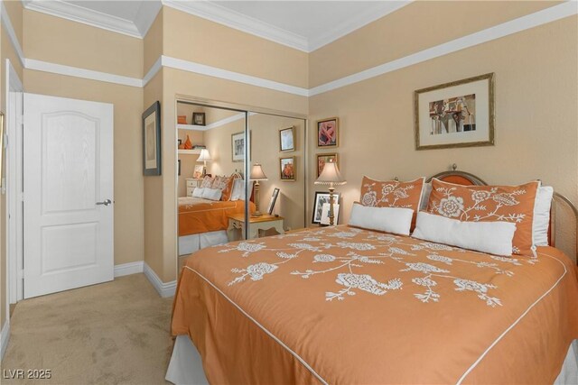 7206 Laramie Ave, Las Vegas, NV 89113 - bedroom with light carpet, a closet, baseboards, and crown molding