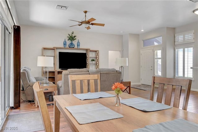 2805 Hanging Rock Dr, Las Vegas, NV 89134 - dining space with a ceiling fan, light wood finished floors, baseboards, and recessed lighting