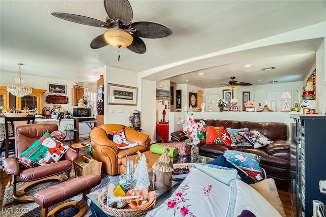 4832 Englewood Ave, Las Vegas, NV 89139 - living room featuring a ceiling fan, a chandelier, and recessed lighting