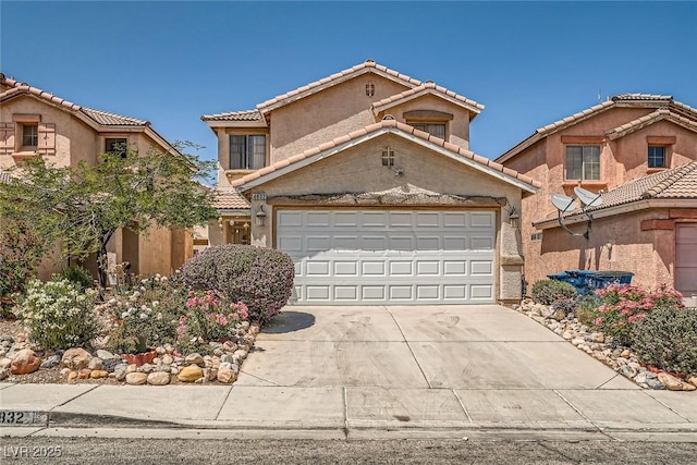 4832 Englewood Ave, Las Vegas, NV 89139 - view of front of home featuring concrete driveway, a tiled roof, a garage, and stucco siding
