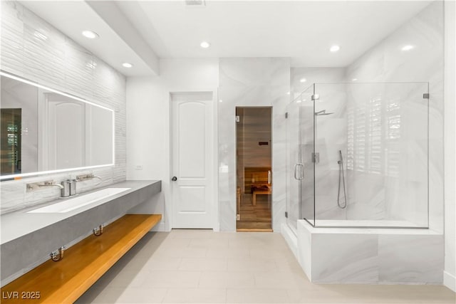 2240 Boutique Ave, Henderson, NV 89044 - full bathroom featuring a stall shower, vanity, and recessed lighting